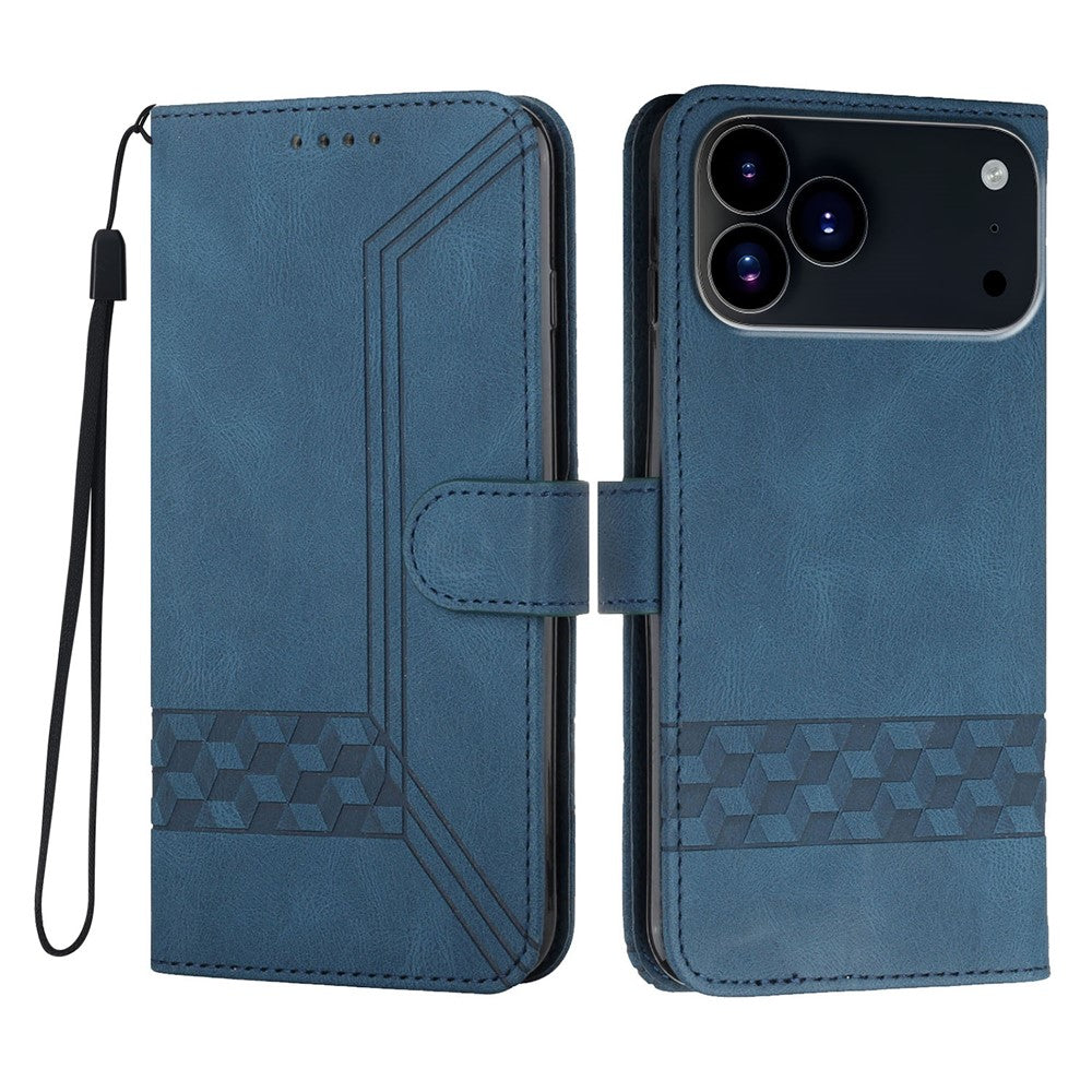 For iPhone 17 Pro Max Phone Case with Strap Imprint PU Leather Wallet Stand Cover - Royal Blue