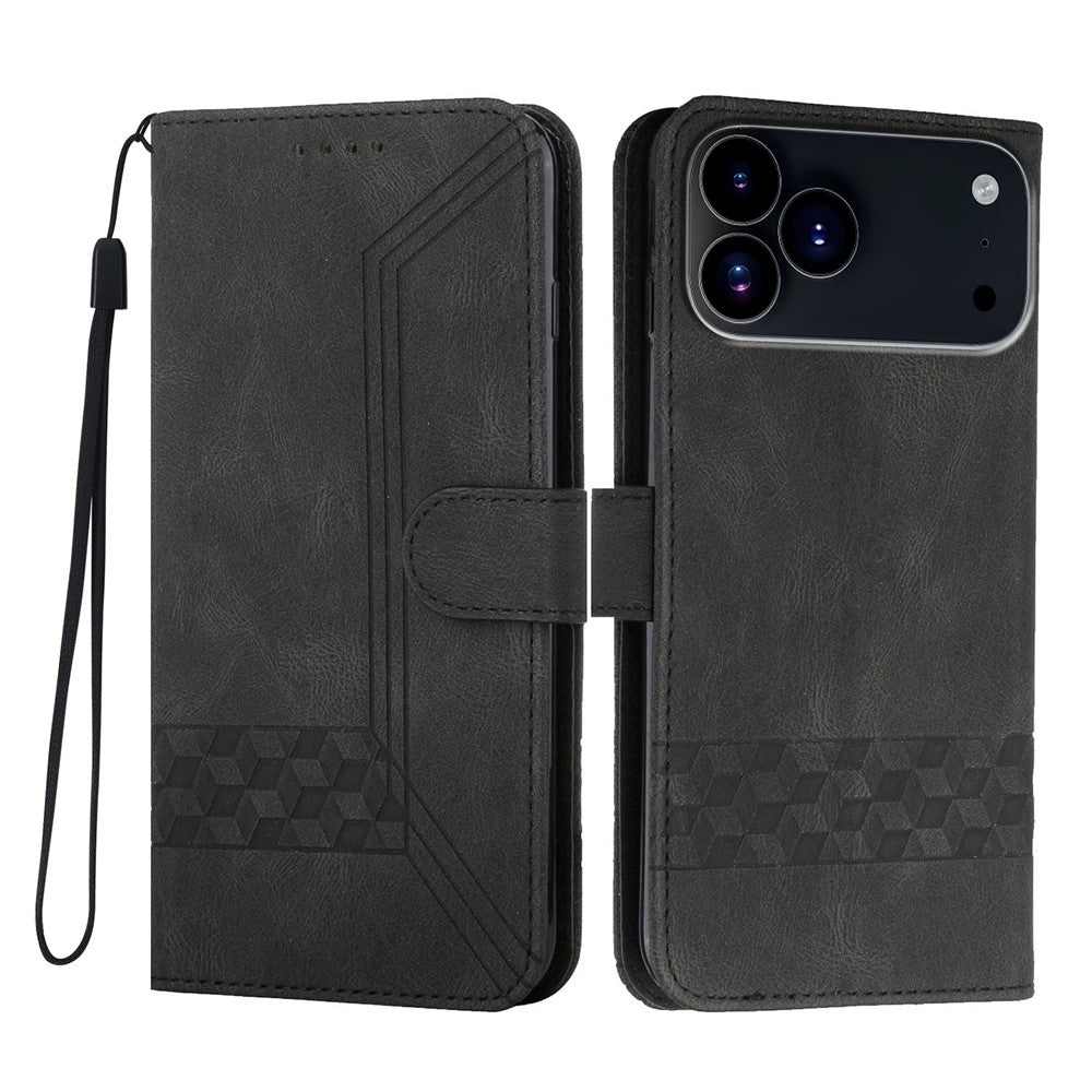 For iPhone 17 Pro Max Phone Case with Strap Imprint PU Leather Wallet Stand Cover - Back