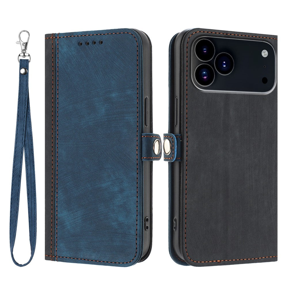 For iPhone 17 Pro Max PU Leather Case with Strap Phone Cover Stand Side Magnetic Button Design - Black+Royal Blue