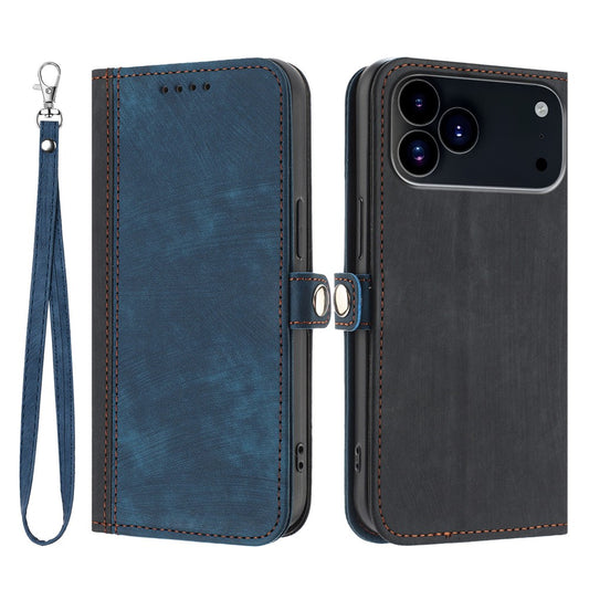 For iPhone 17 Pro Max PU Leather Case with Strap Phone Cover Stand Side Magnetic Button Design - Black+Royal Blue