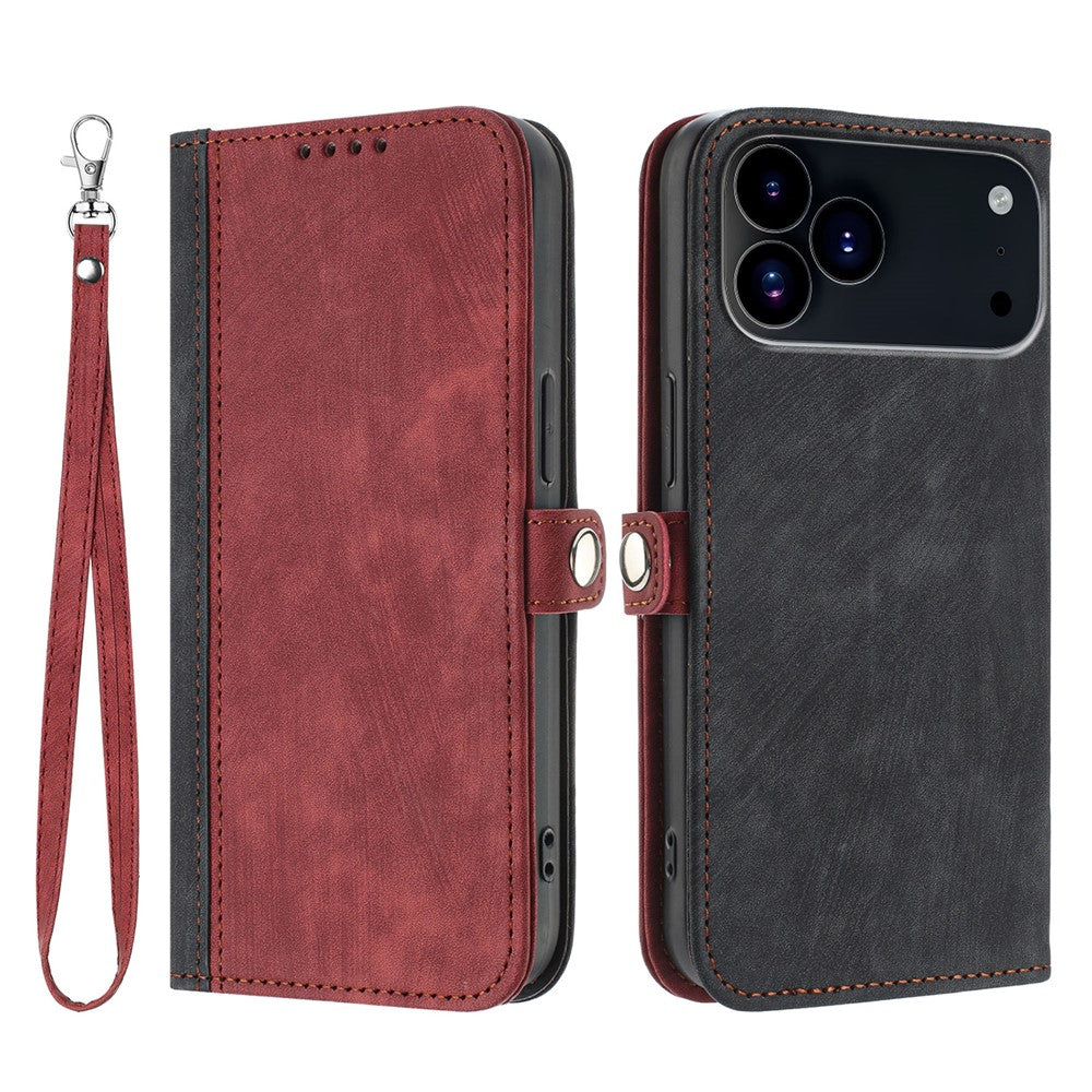 For iPhone 17 Pro Max PU Leather Case with Strap Phone Cover Stand Side Magnetic Button Design - Black+Red