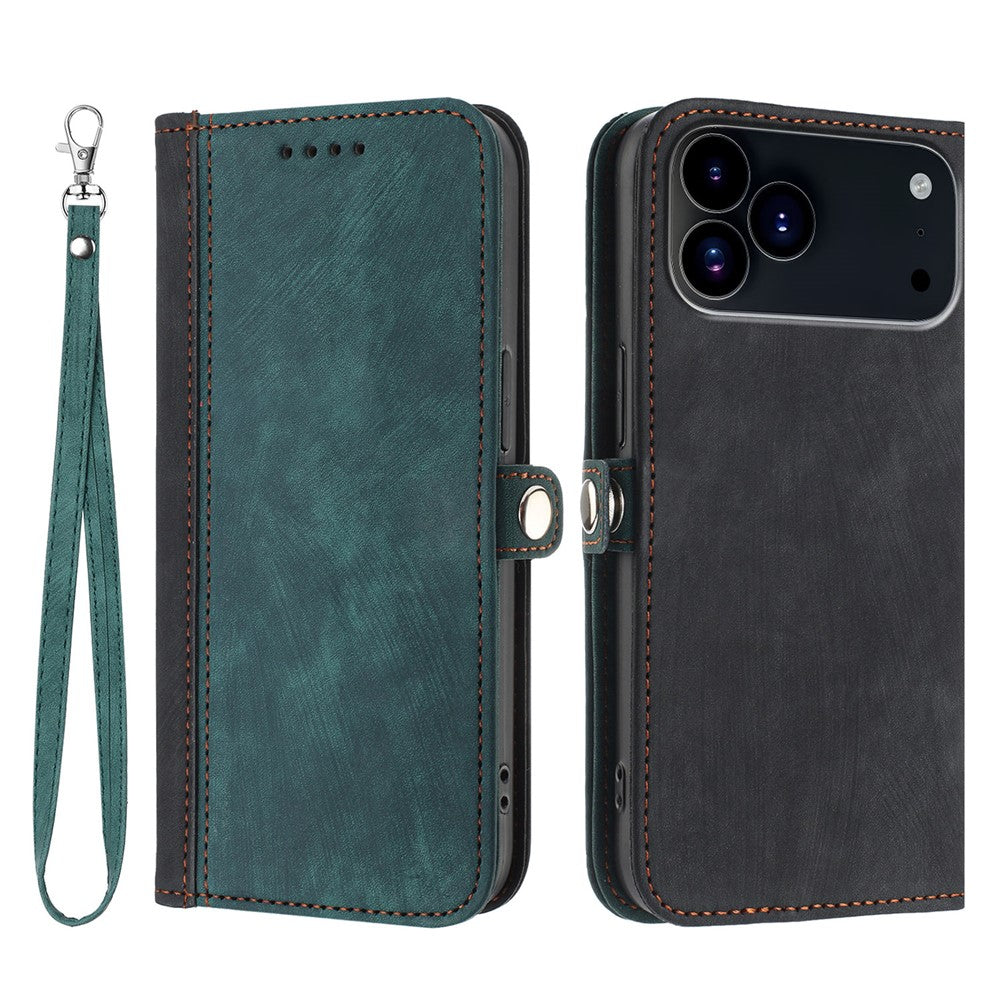 For iPhone 17 Pro Max PU Leather Case with Strap Phone Cover Stand Side Magnetic Button Design - Black+Dark Green