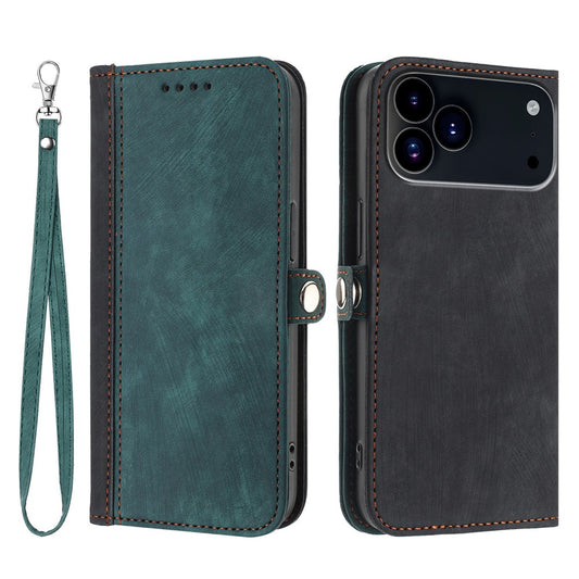 For iPhone 17 Pro Max PU Leather Case with Strap Phone Cover Stand Side Magnetic Button Design - Black+Dark Green