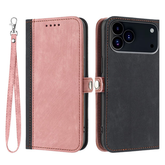 For iPhone 17 Pro Max PU Leather Case with Strap Phone Cover Stand Side Magnetic Button Design - Black+Pink
