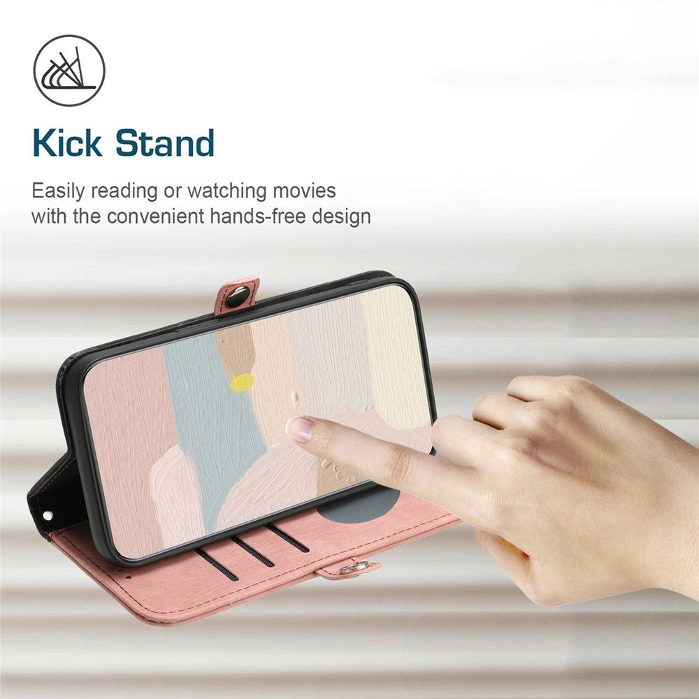 For iPhone 17 Pro Max PU Leather Case with Strap Phone Cover Stand Side Magnetic Button Design - Black+Pink