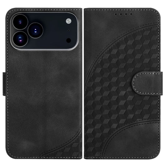 For iPhone 17 Pro Max Leather Case with Wrist Strap Diamond Imprint Wallet Phone Cover - Black
