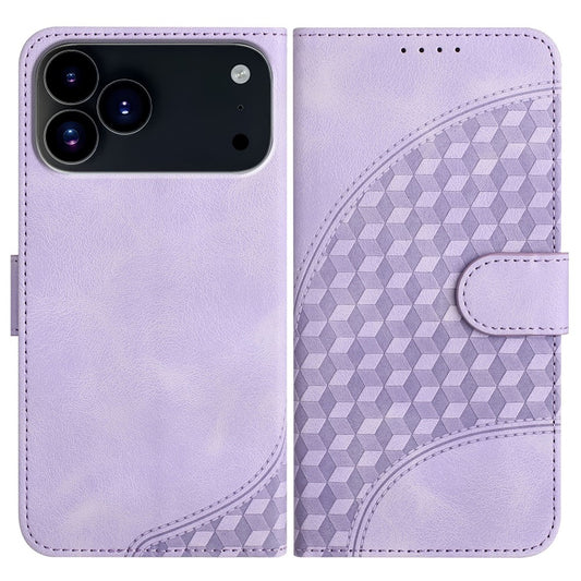 For iPhone 17 Pro Max Leather Case with Wrist Strap Diamond Imprint Wallet Phone Cover - Purple