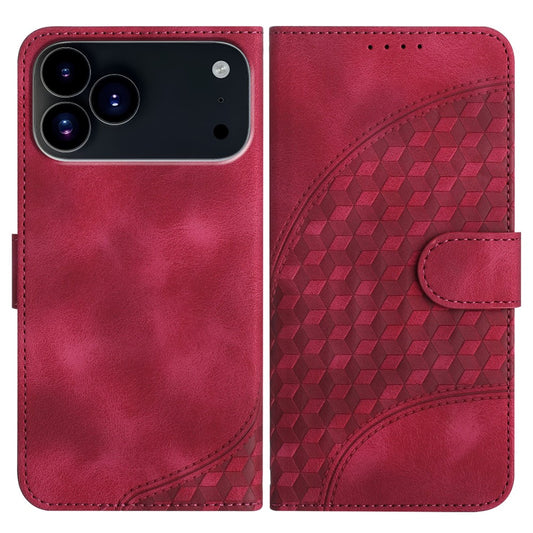 For iPhone 17 Pro Max Leather Case with Wrist Strap Diamond Imprint Wallet Phone Cover - Rose Red