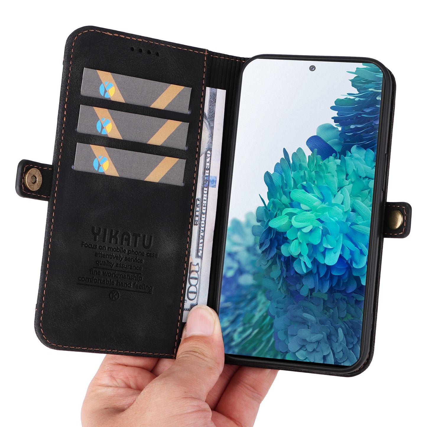 YIKATU YK-002 For Samsung Galaxy S20 FE 4G / 5G / S20 FE 2022 / S20 Lite Skin-touch Feeling Phone Case, Outer Card Slot Design PU Leather Cellphone Guard Wallet Stand Shell - Black