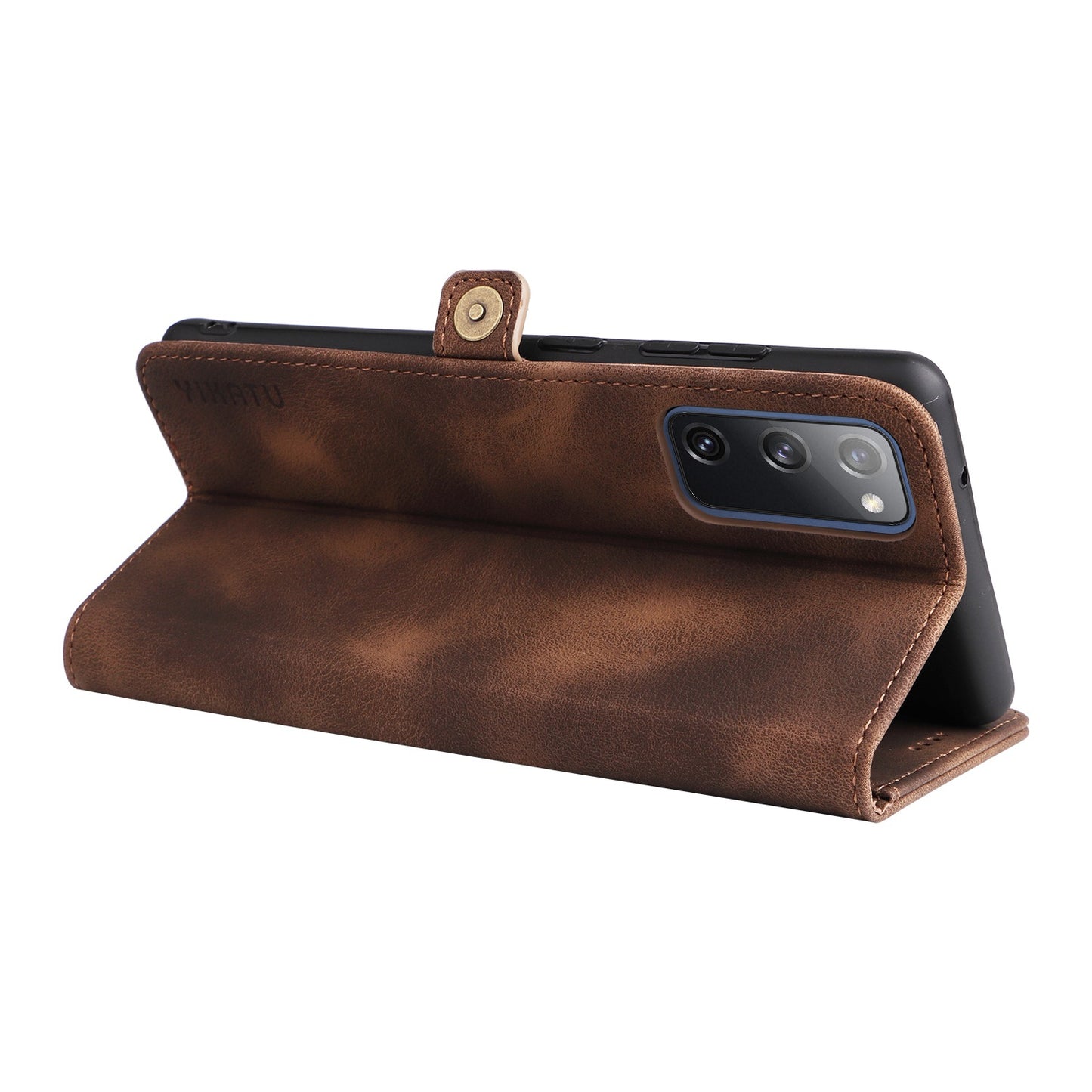 YIKATU YK-002 For Samsung Galaxy S20 FE 4G / 5G / S20 FE 2022 / S20 Lite Skin-touch Feeling Phone Case, Outer Card Slot Design PU Leather Cellphone Guard Wallet Stand Shell - Brown