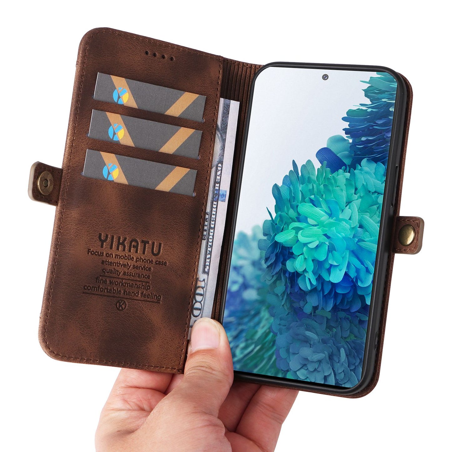YIKATU YK-002 For Samsung Galaxy S20 FE 4G / 5G / S20 FE 2022 / S20 Lite Skin-touch Feeling Phone Case, Outer Card Slot Design PU Leather Cellphone Guard Wallet Stand Shell - Brown