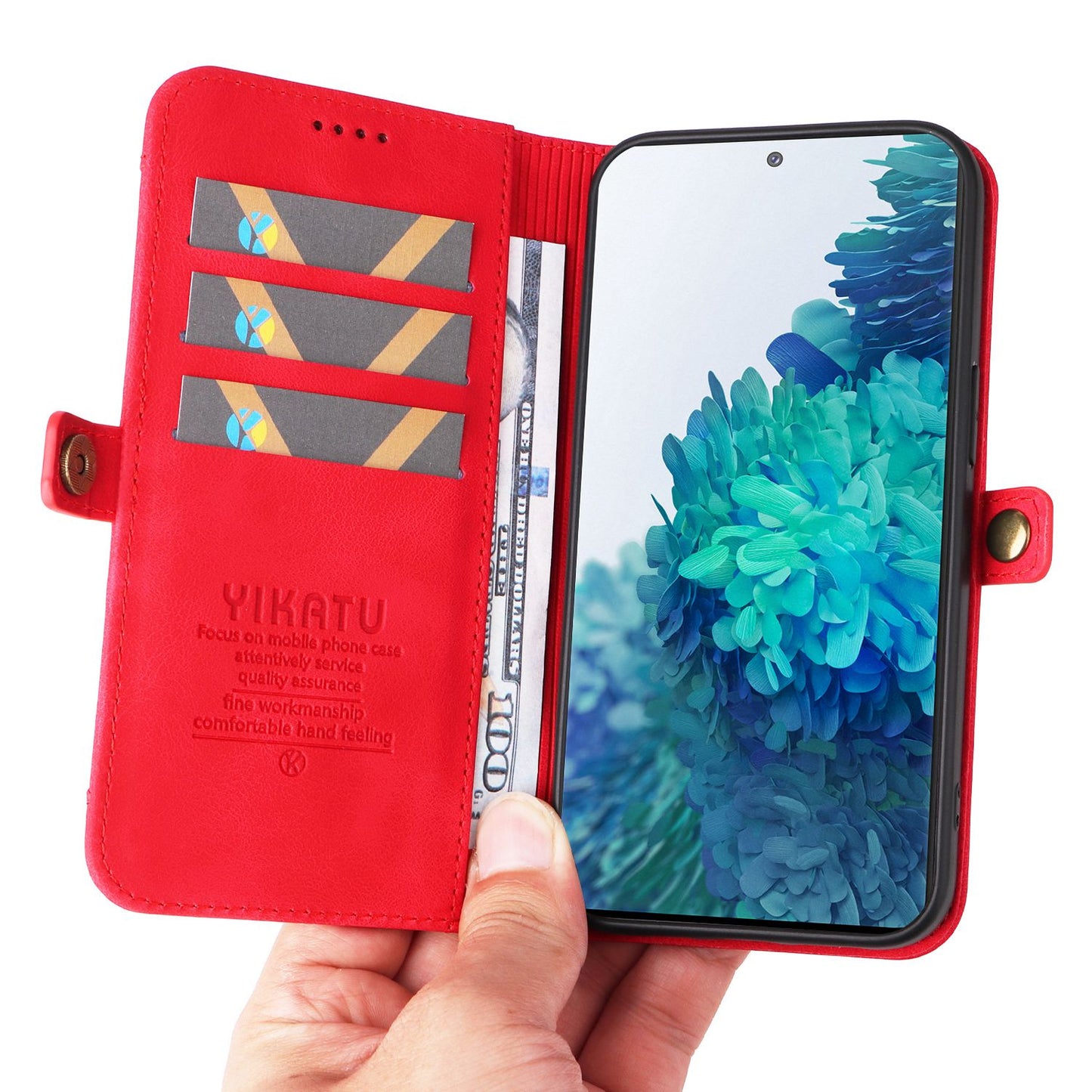 YIKATU YK-002 For Samsung Galaxy S20 FE 4G / 5G / S20 FE 2022 / S20 Lite Skin-touch Feeling Phone Case, Outer Card Slot Design PU Leather Cellphone Guard Wallet Stand Shell - Red