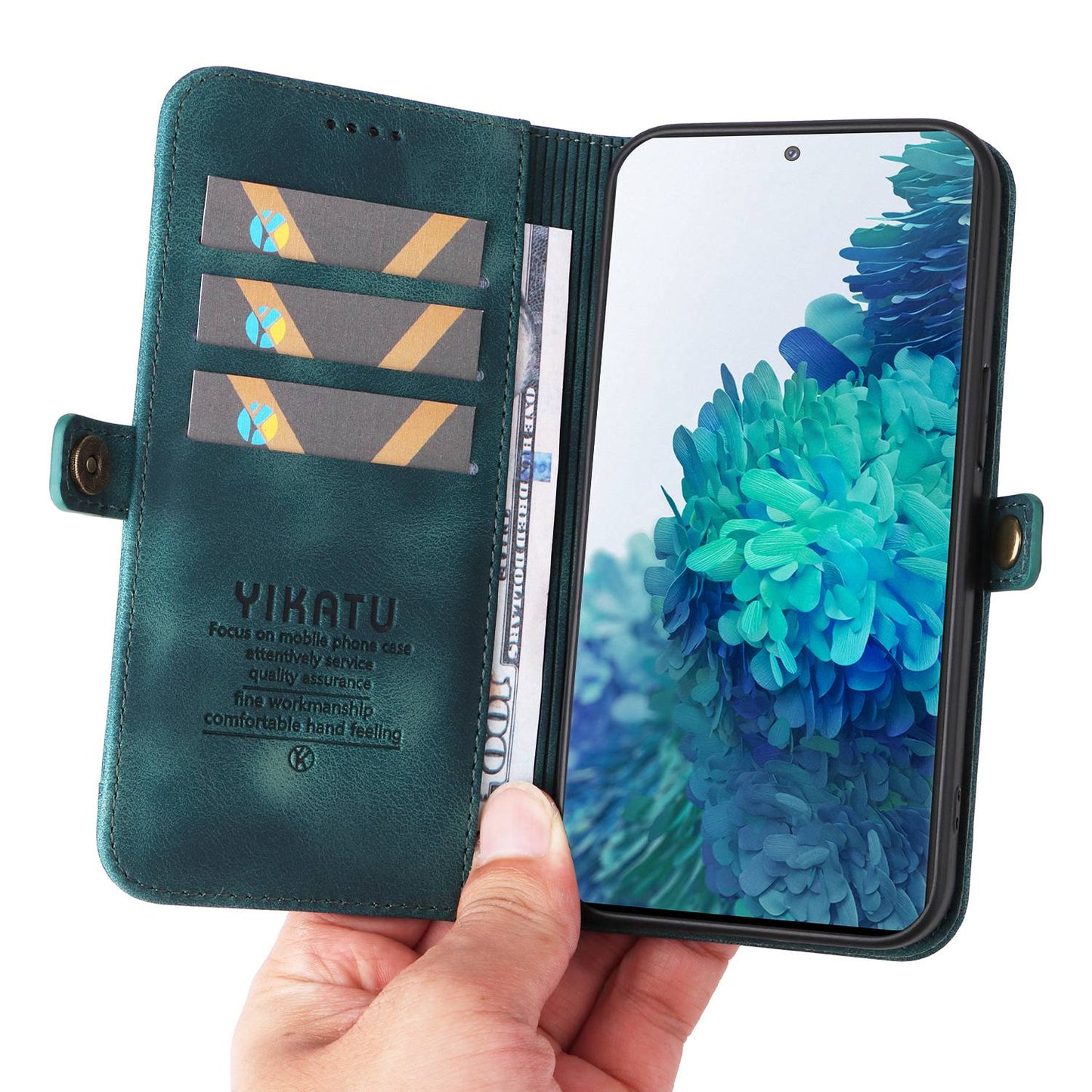 YIKATU YK-002 For Samsung Galaxy S20 FE 4G / 5G / S20 FE 2022 / S20 Lite Skin-touch Feeling Phone Case, Outer Card Slot Design PU Leather Cellphone Guard Wallet Stand Shell - Blue
