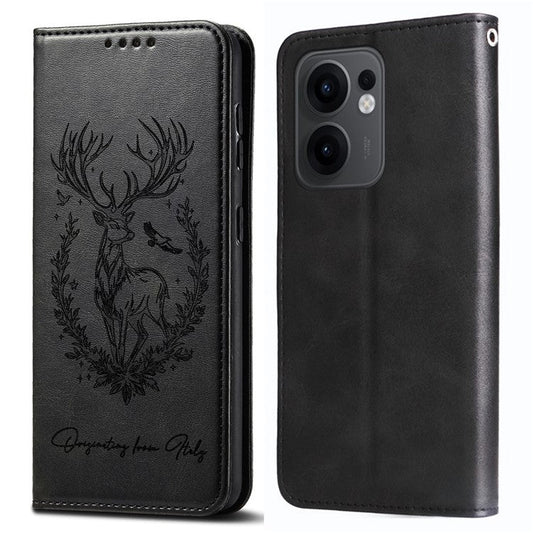 For Oppo Reno13 F 5G Stand Case Lucky Deer Imprinted Magnetic Closure Leather Wallet Phone Cover - Black