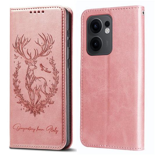 For Oppo Reno13 F 5G Stand Case Lucky Deer Imprinted Magnetic Closure Leather Wallet Phone Cover - Pink