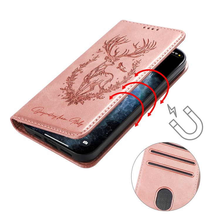 For Oppo Reno13 F 5G Stand Case Lucky Deer Imprinted Magnetic Closure Leather Wallet Phone Cover - Pink