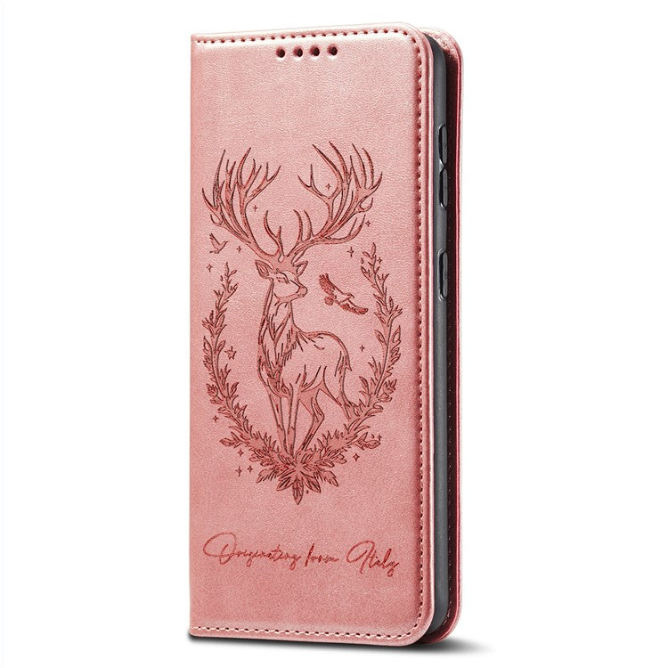 For Oppo Reno13 F 5G Stand Case Lucky Deer Imprinted Magnetic Closure Leather Wallet Phone Cover - Pink