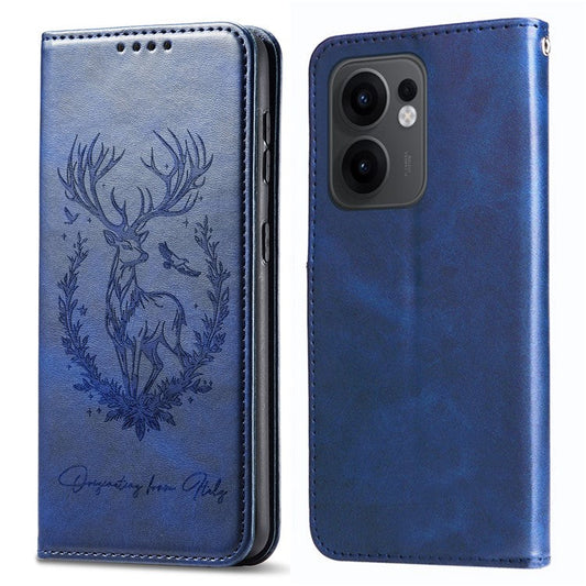 For Oppo Reno13 F 5G Stand Case Lucky Deer Imprinted Magnetic Closure Leather Wallet Phone Cover - Blue