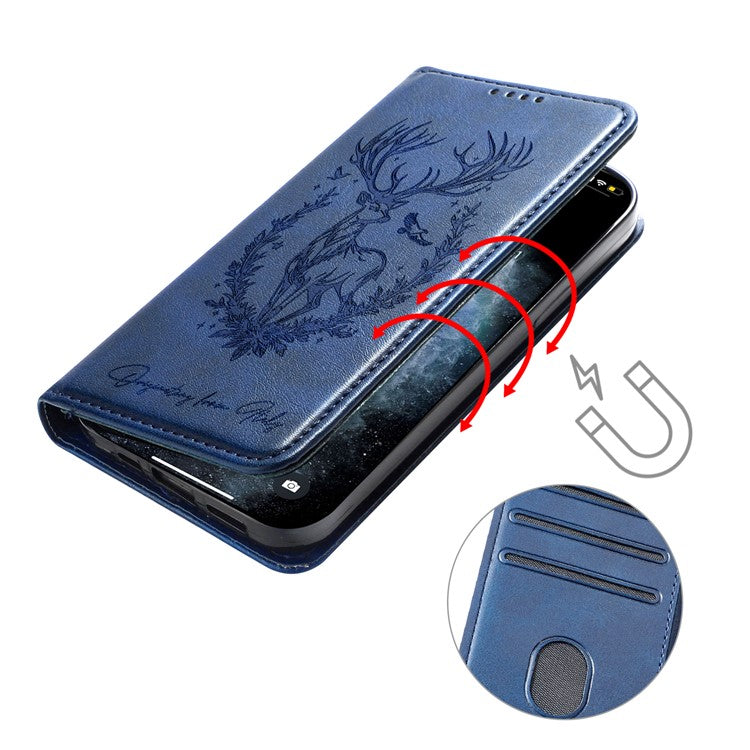 For Oppo Reno13 F 5G Stand Case Lucky Deer Imprinted Magnetic Closure Leather Wallet Phone Cover - Blue