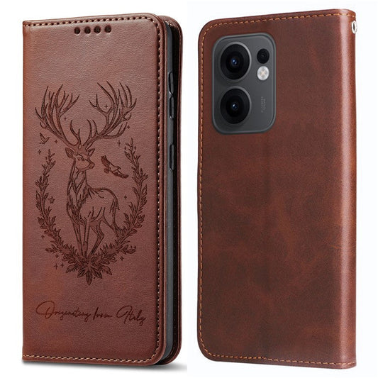 For Oppo Reno13 F 5G Stand Case Lucky Deer Imprinted Magnetic Closure Leather Wallet Phone Cover - Brown
