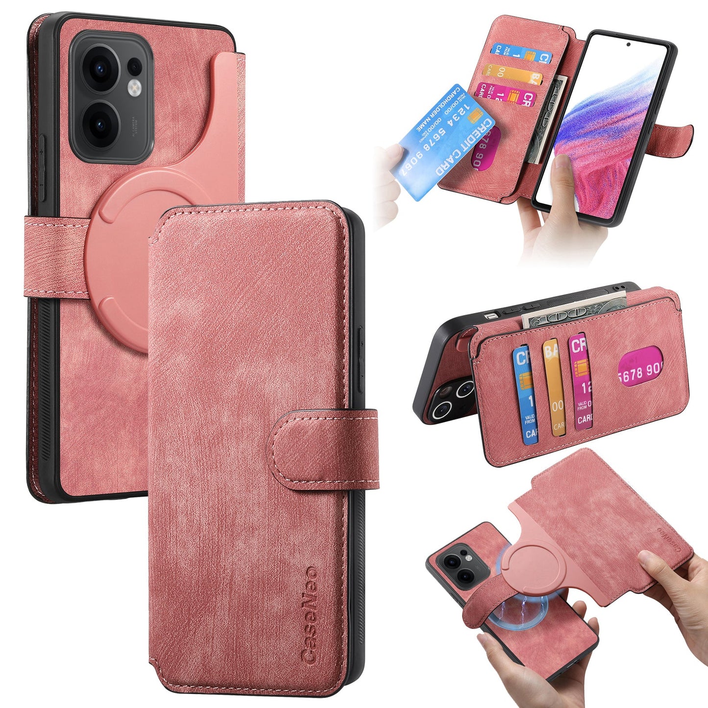 For Oppo Reno13 F 5G Magnetic Case CASENEO Detachable Leather Phone Wallet Cover - Pink