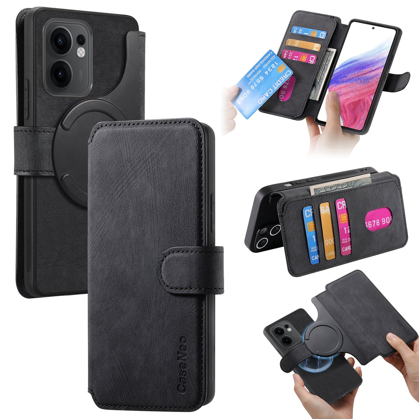 For Oppo Reno13 F 5G Magnetic Case CASENEO Detachable Leather Phone Wallet Cover - Black