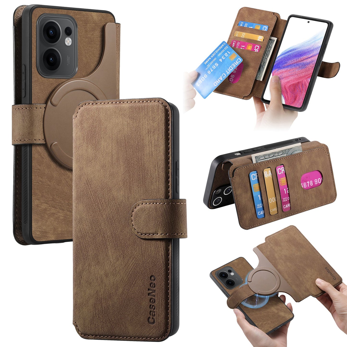 For Oppo Reno13 F 5G Magnetic Case CASENEO Detachable Leather Phone Wallet Cover - Brown