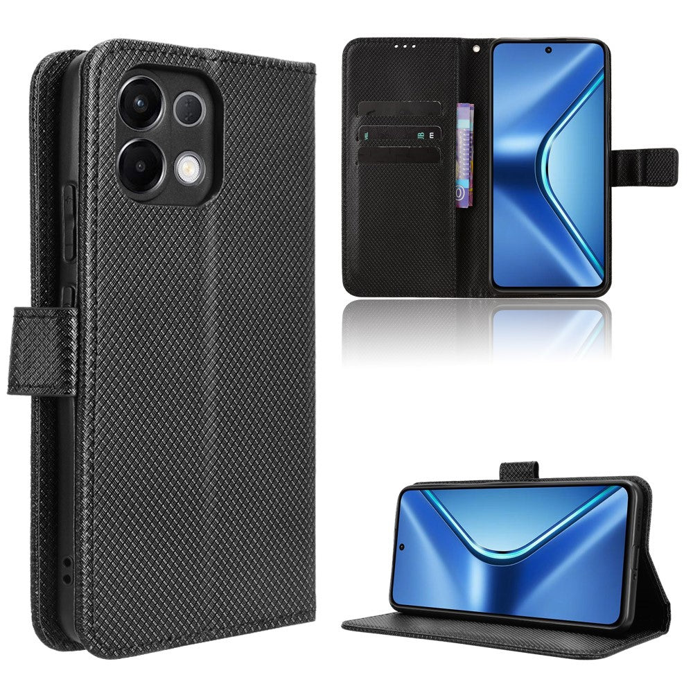 For Oppo K13 5G Leather Wallet Case with Strap Diamond Texture Phone Cover - Black