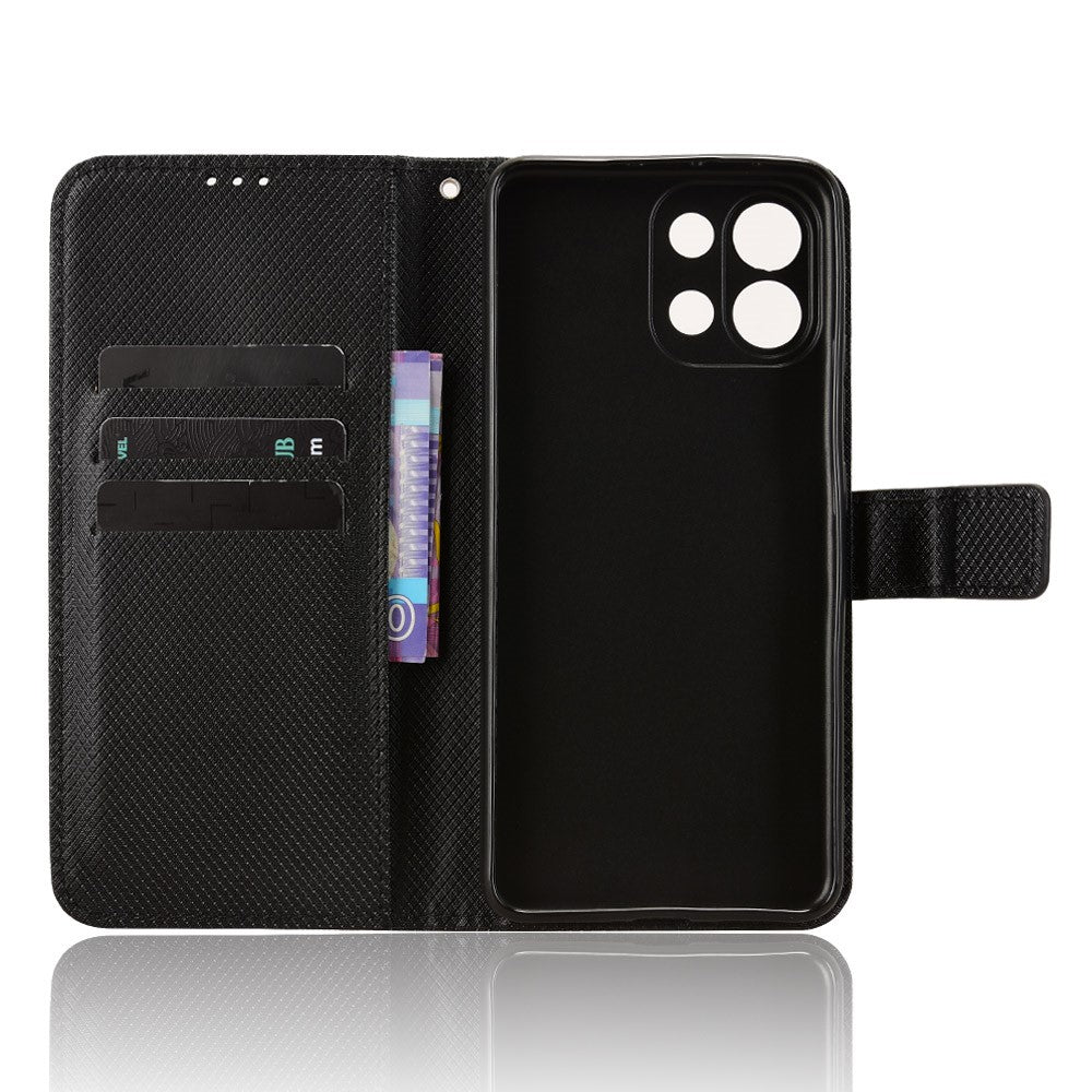 For Oppo K13 5G Leather Wallet Case with Strap Diamond Texture Phone Cover - Black