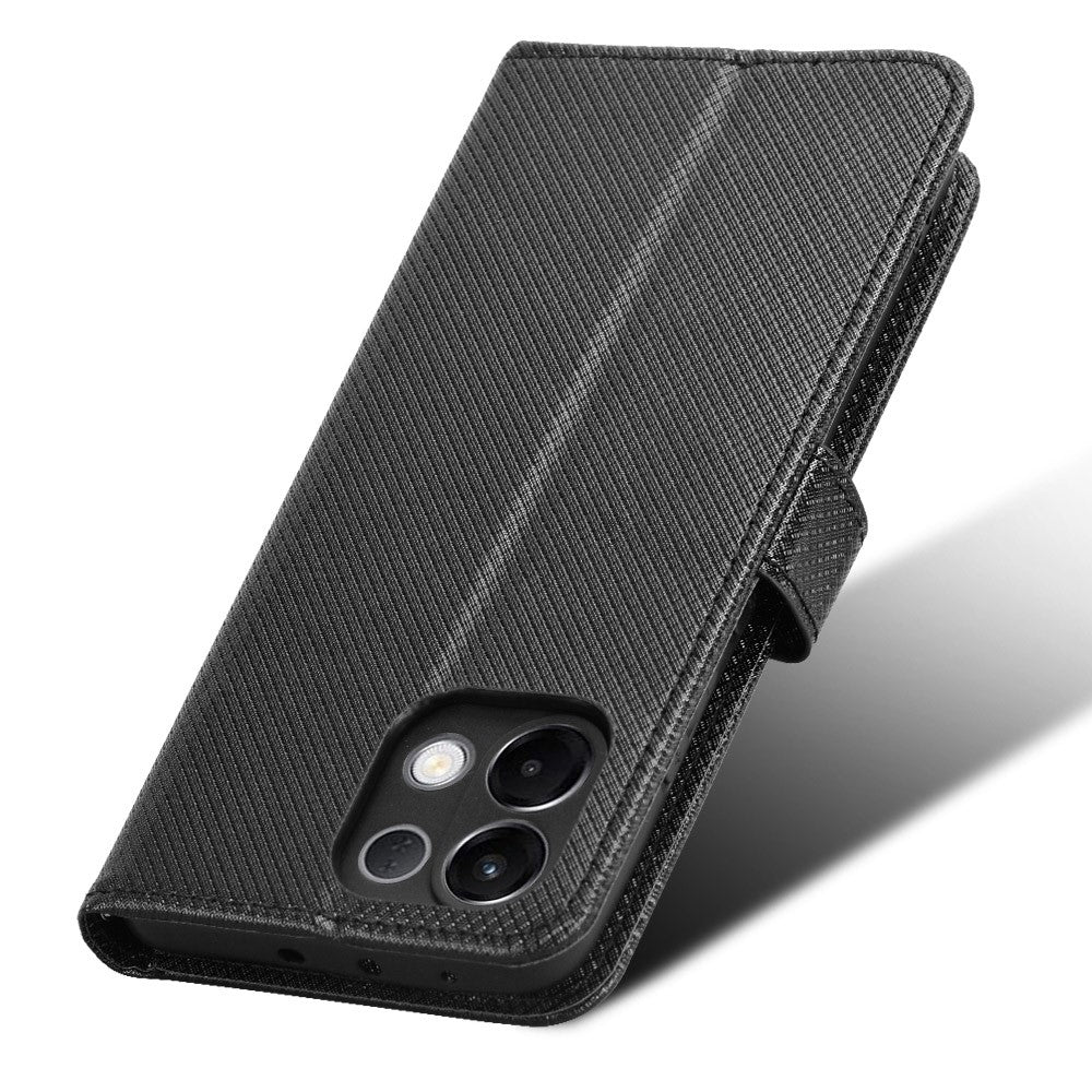 For Oppo K13 5G Leather Wallet Case with Strap Diamond Texture Phone Cover - Black