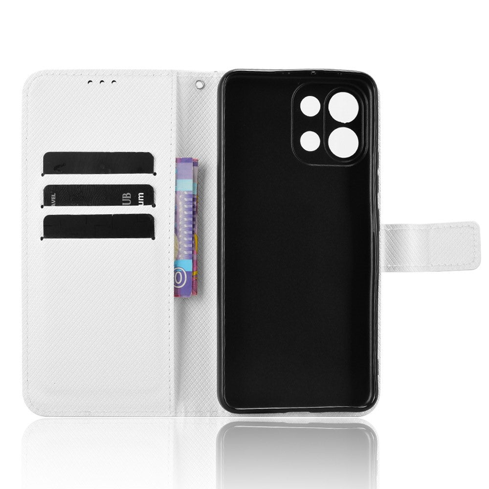 For Oppo K13 5G Leather Wallet Case with Strap Diamond Texture Phone Cover - White
