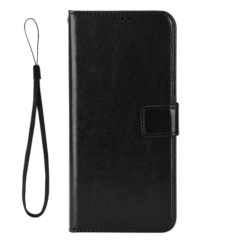 For Oppo K13 5G PU Leather Case with Strap Crazy Horse Texture Phone Wallet Cover - Black