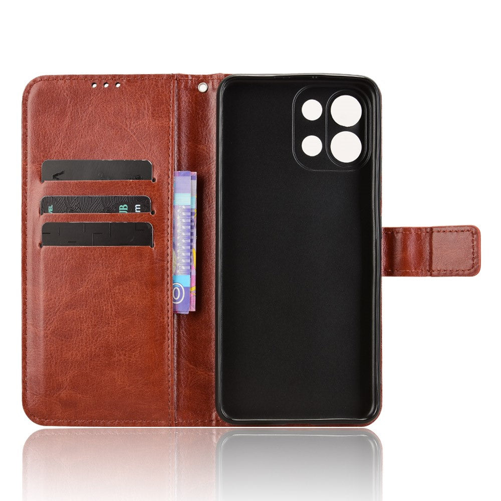 For Oppo K13 5G PU Leather Case with Strap Crazy Horse Texture Phone Wallet Cover - Brown