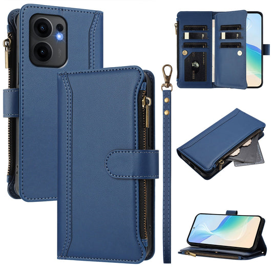 For Oppo Reno13 F 5G Leather Case 9 Card Slots Zipper Wallet Stand Phone Cover with Wrist Strap - Dark Blue