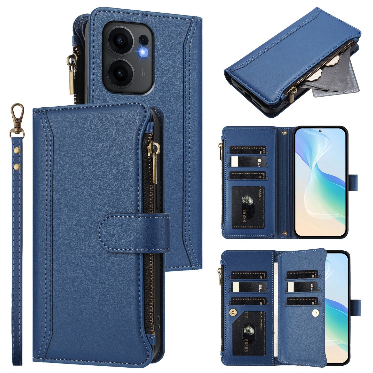 For Oppo Reno13 F 5G Leather Case 9 Card Slots Zipper Wallet Stand Phone Cover with Wrist Strap - Dark Blue