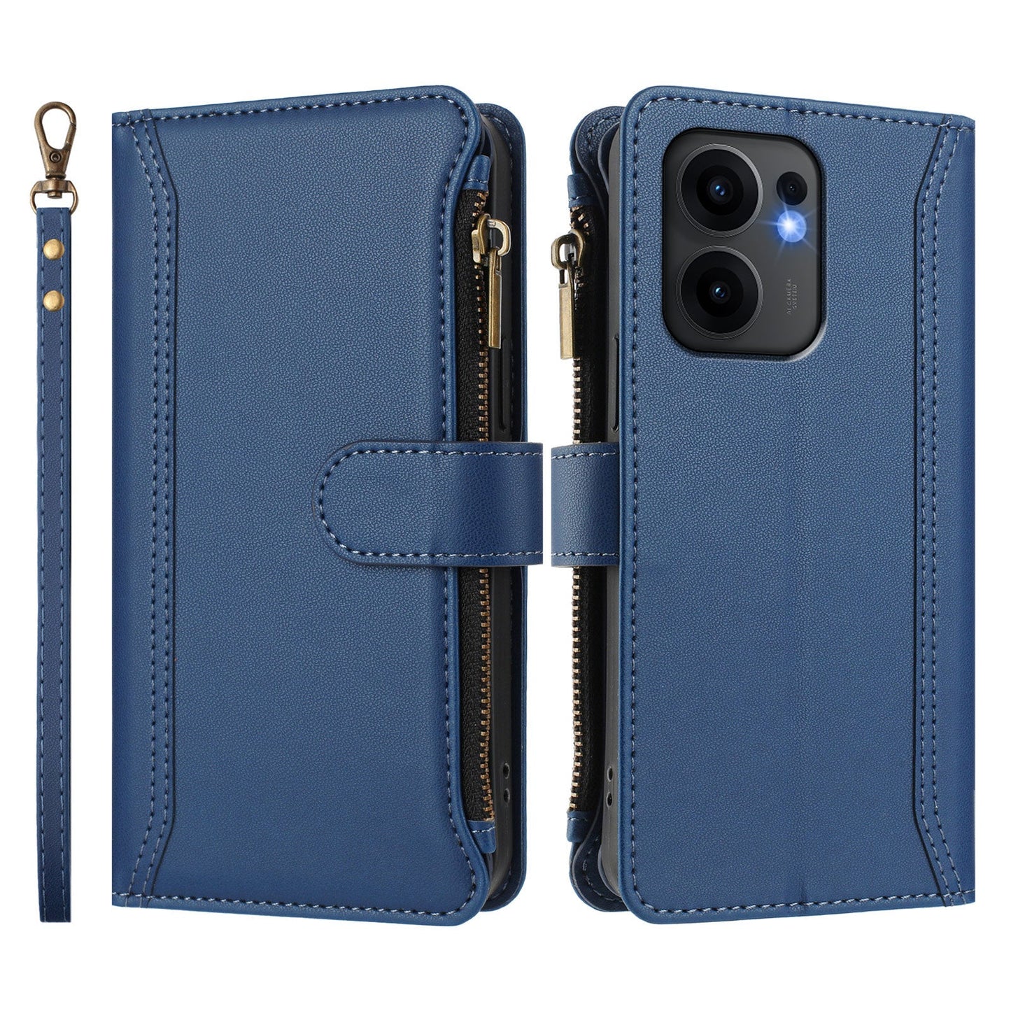 For Oppo Reno13 F 5G Leather Case 9 Card Slots Zipper Wallet Stand Phone Cover with Wrist Strap - Dark Blue