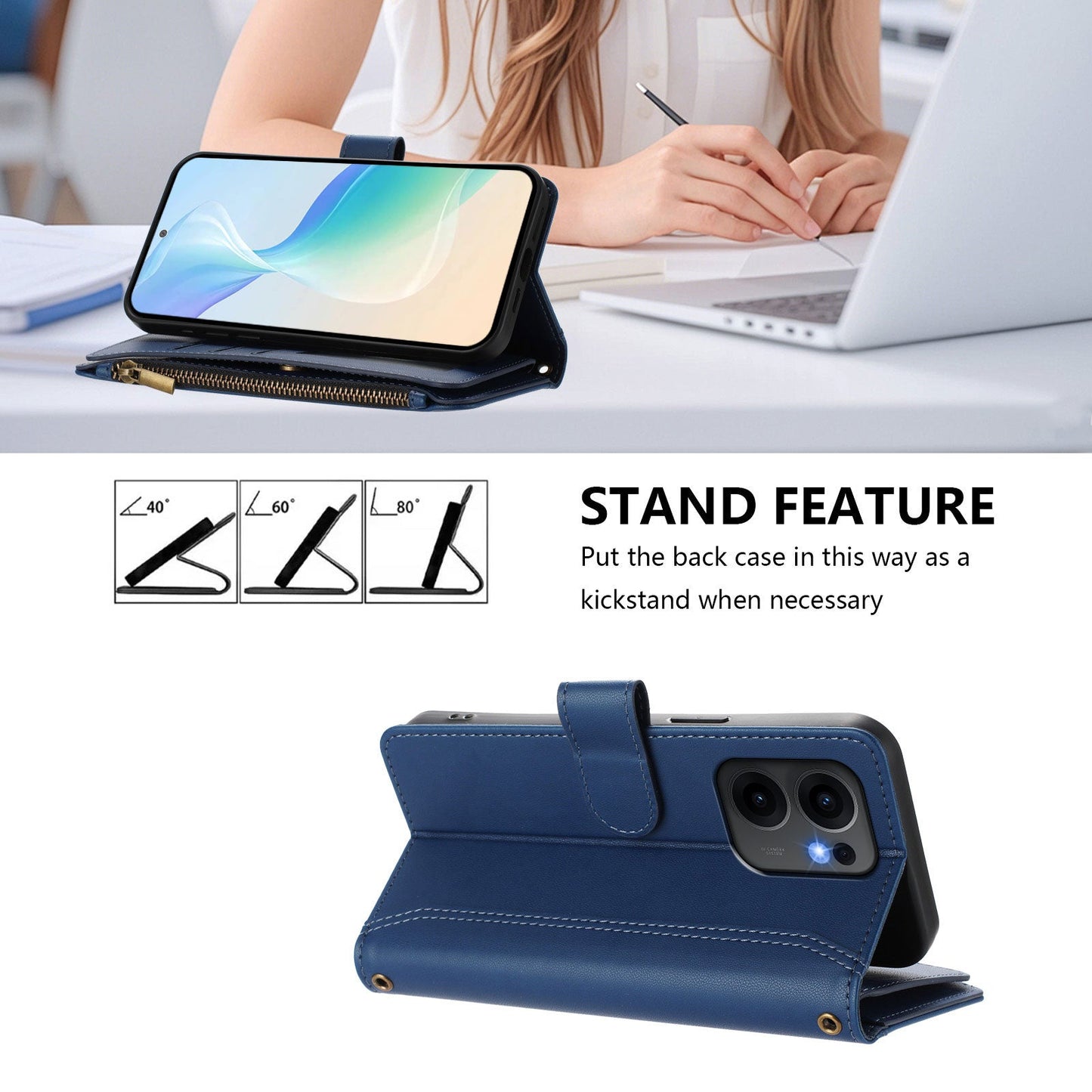 For Oppo Reno13 F 5G Leather Case 9 Card Slots Zipper Wallet Stand Phone Cover with Wrist Strap - Dark Blue