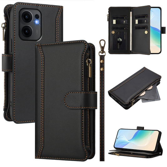 For Oppo Reno13 F 5G Leather Case 9 Card Slots Zipper Wallet Stand Phone Cover with Wrist Strap - Black