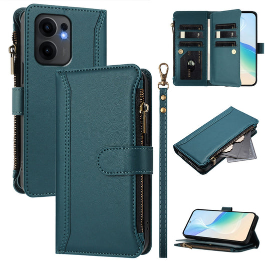 For Oppo Reno13 F 5G Leather Case 9 Card Slots Zipper Wallet Stand Phone Cover with Wrist Strap - Dark Green