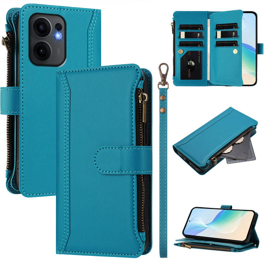 For Oppo Reno13 F 5G Leather Case 9 Card Slots Zipper Wallet Stand Phone Cover with Wrist Strap - Lake Blue