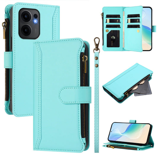 For Oppo Reno13 F 5G Leather Case 9 Card Slots Zipper Wallet Stand Phone Cover with Wrist Strap - Mint Green