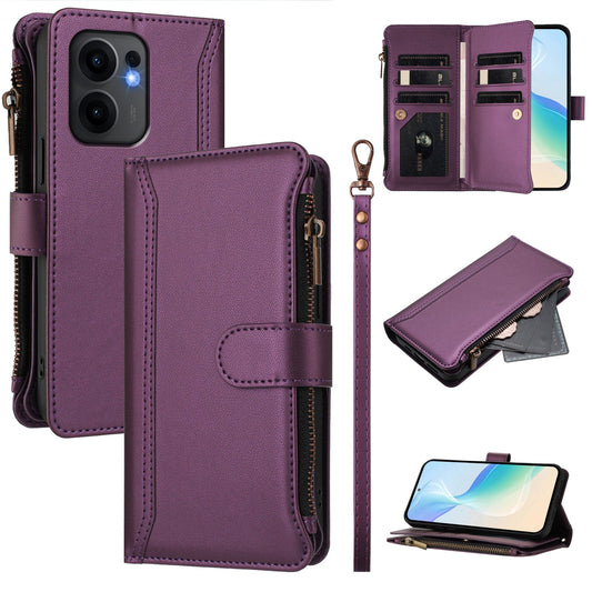 For Oppo Reno13 F 5G Leather Case 9 Card Slots Zipper Wallet Stand Phone Cover with Wrist Strap - Purple