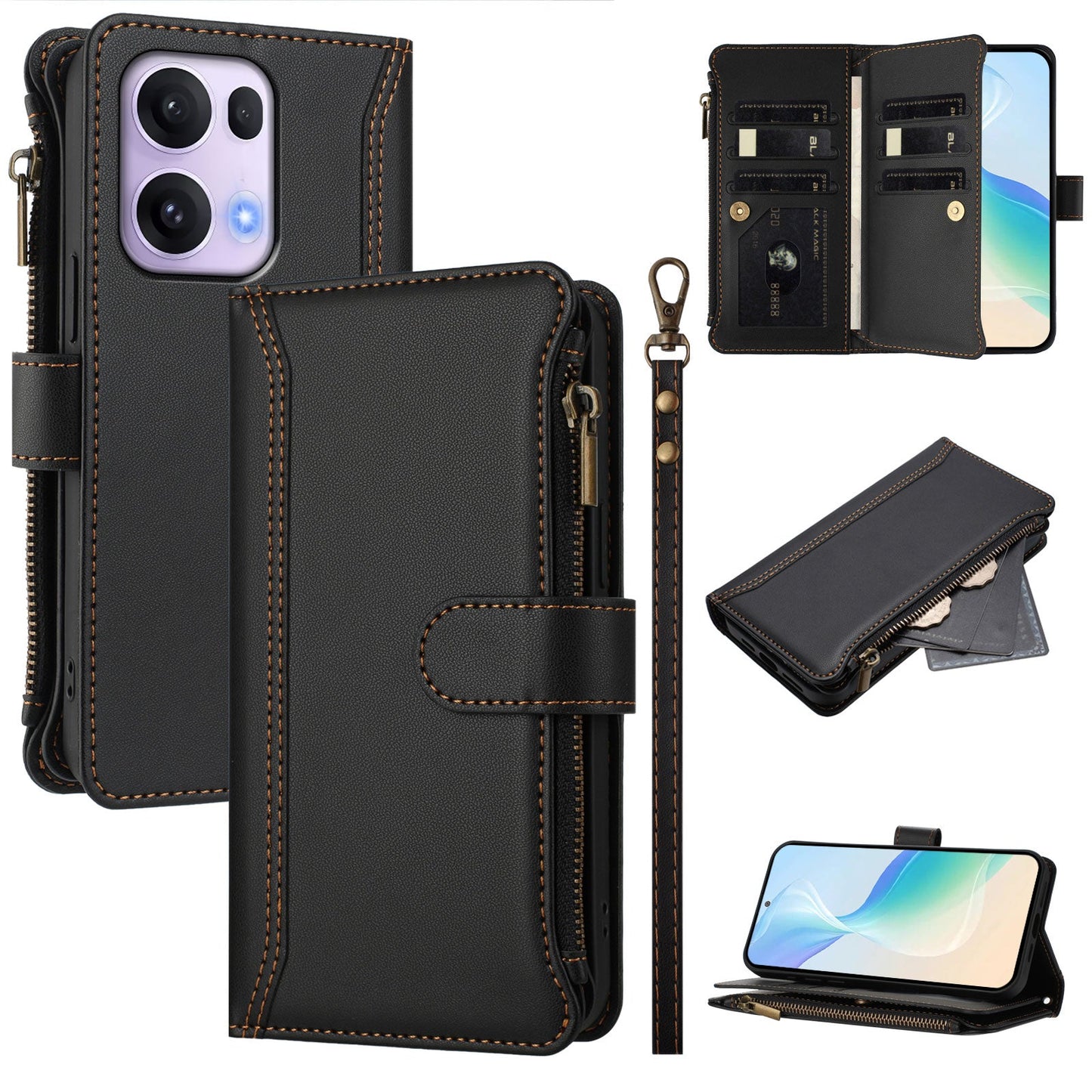 For Oppo Reno13 Pro 5G Leather Case 9 Card Slots Zipper Wallet Stand Phone Cover with Wrist Strap - Black