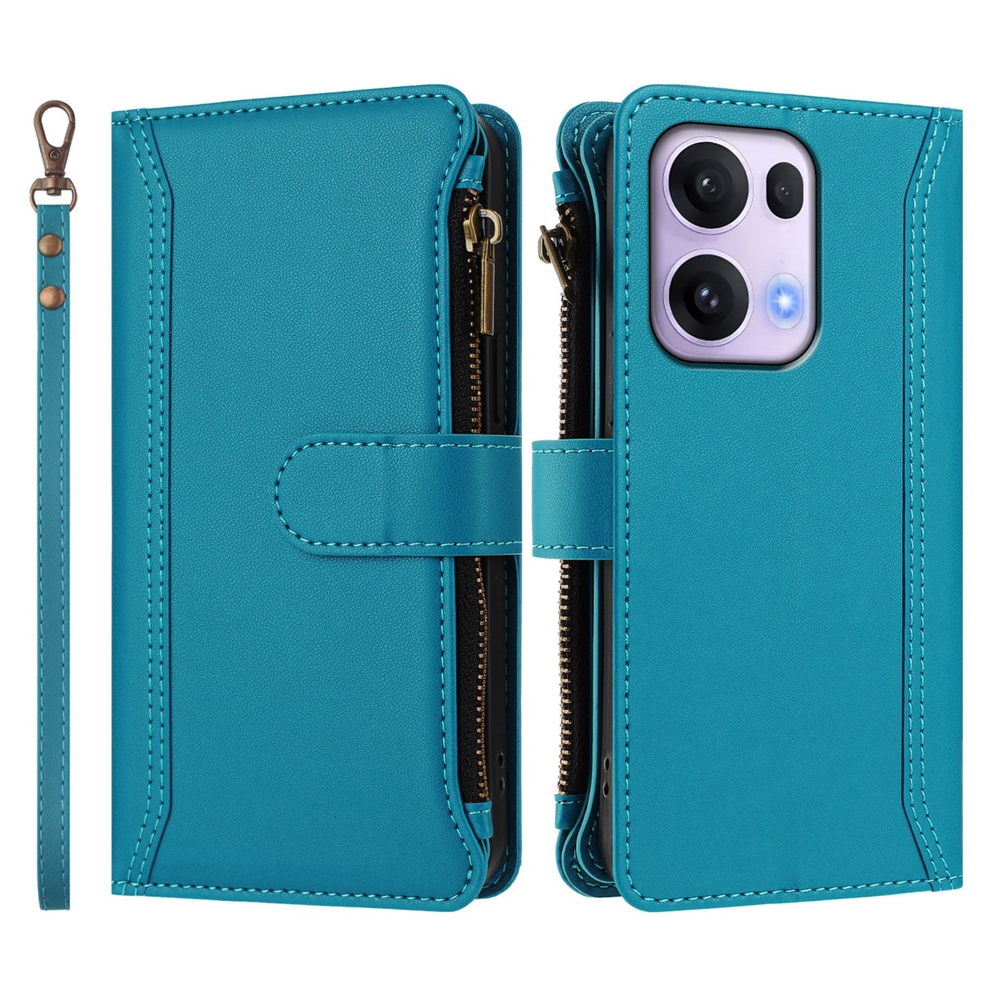 For Oppo Reno13 Pro 5G Leather Case 9 Card Slots Zipper Wallet Stand Phone Cover with Wrist Strap - Lake Blue