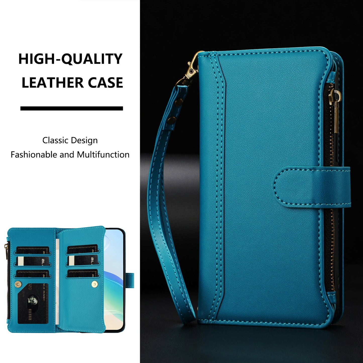 For Oppo Reno13 Pro 5G Leather Case 9 Card Slots Zipper Wallet Stand Phone Cover with Wrist Strap - Lake Blue