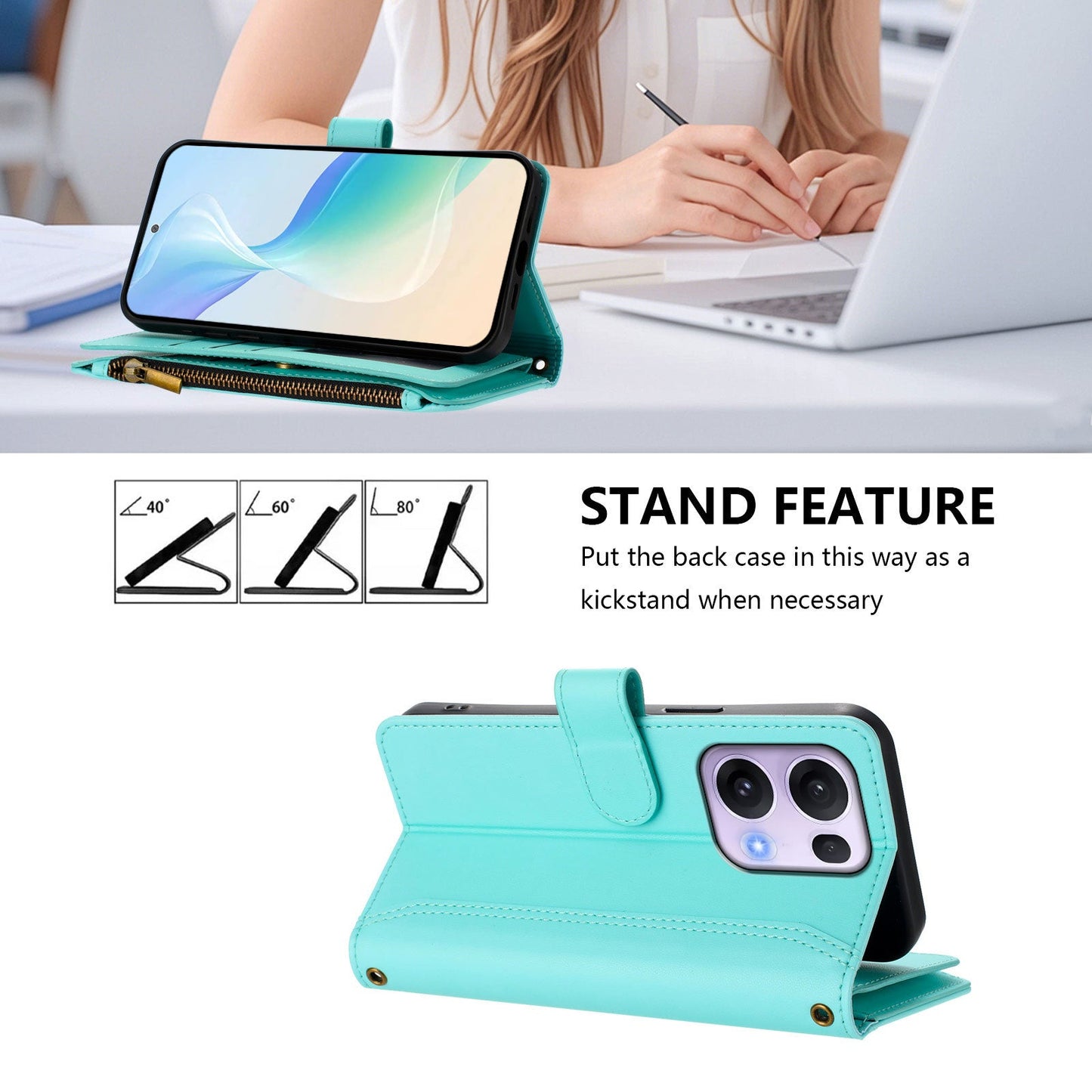For Oppo Reno13 Pro 5G Leather Case 9 Card Slots Zipper Wallet Stand Phone Cover with Wrist Strap - Mint Green