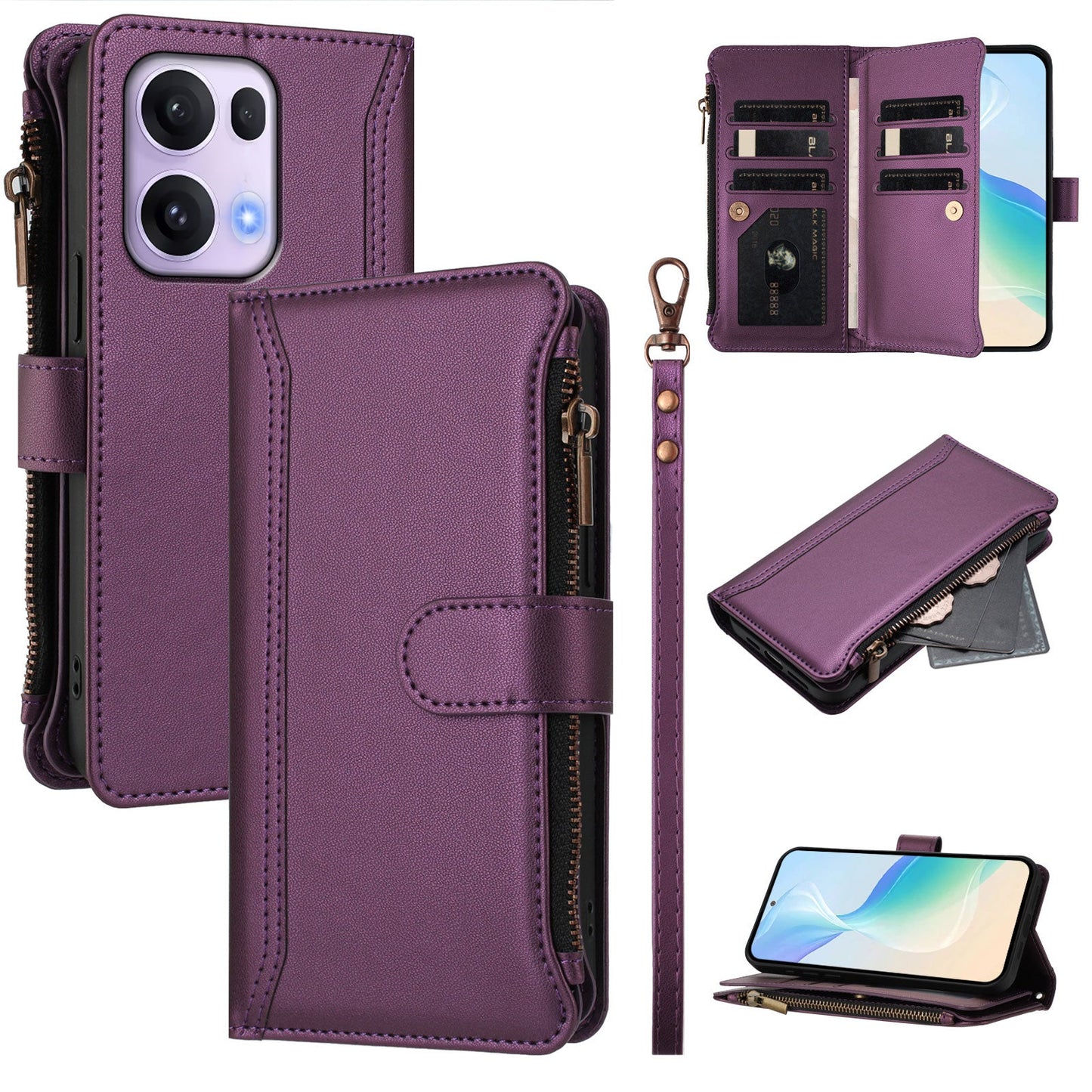For Oppo Reno13 Pro 5G Leather Case 9 Card Slots Zipper Wallet Stand Phone Cover with Wrist Strap - Purple