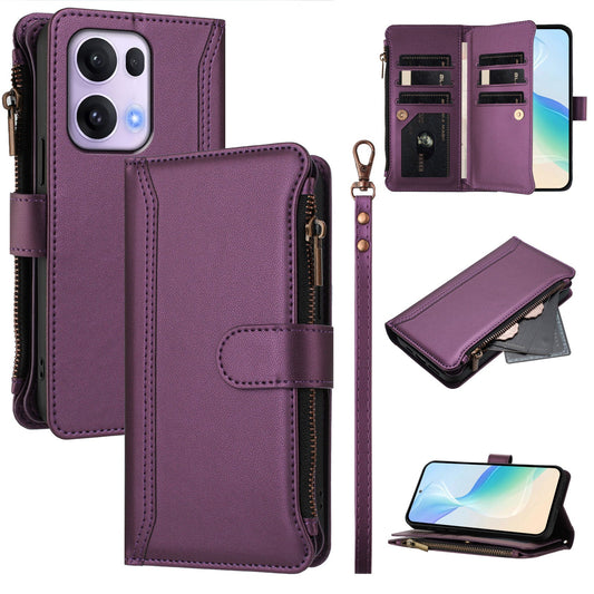 For Oppo Reno13 Pro 5G Leather Case 9 Card Slots Zipper Wallet Stand Phone Cover with Wrist Strap - Purple
