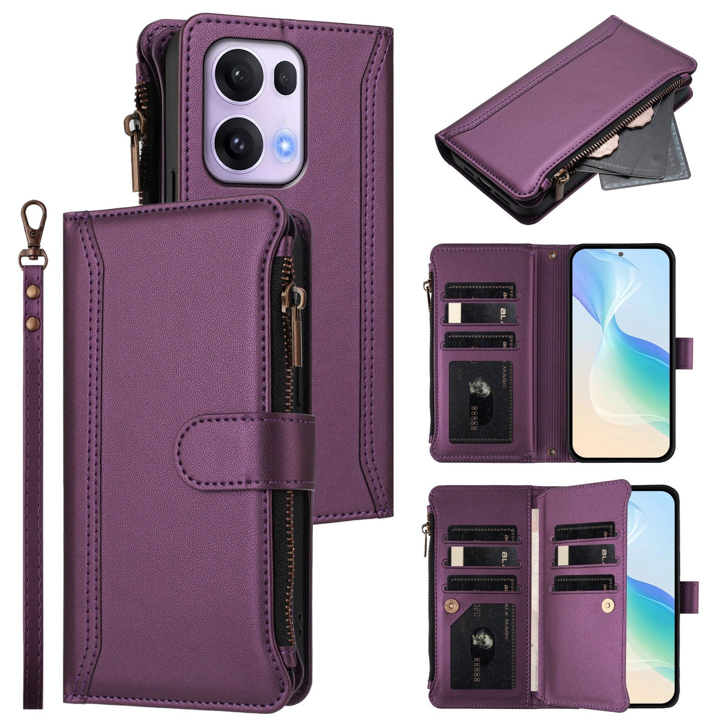 For Oppo Reno13 Pro 5G Leather Case 9 Card Slots Zipper Wallet Stand Phone Cover with Wrist Strap - Purple