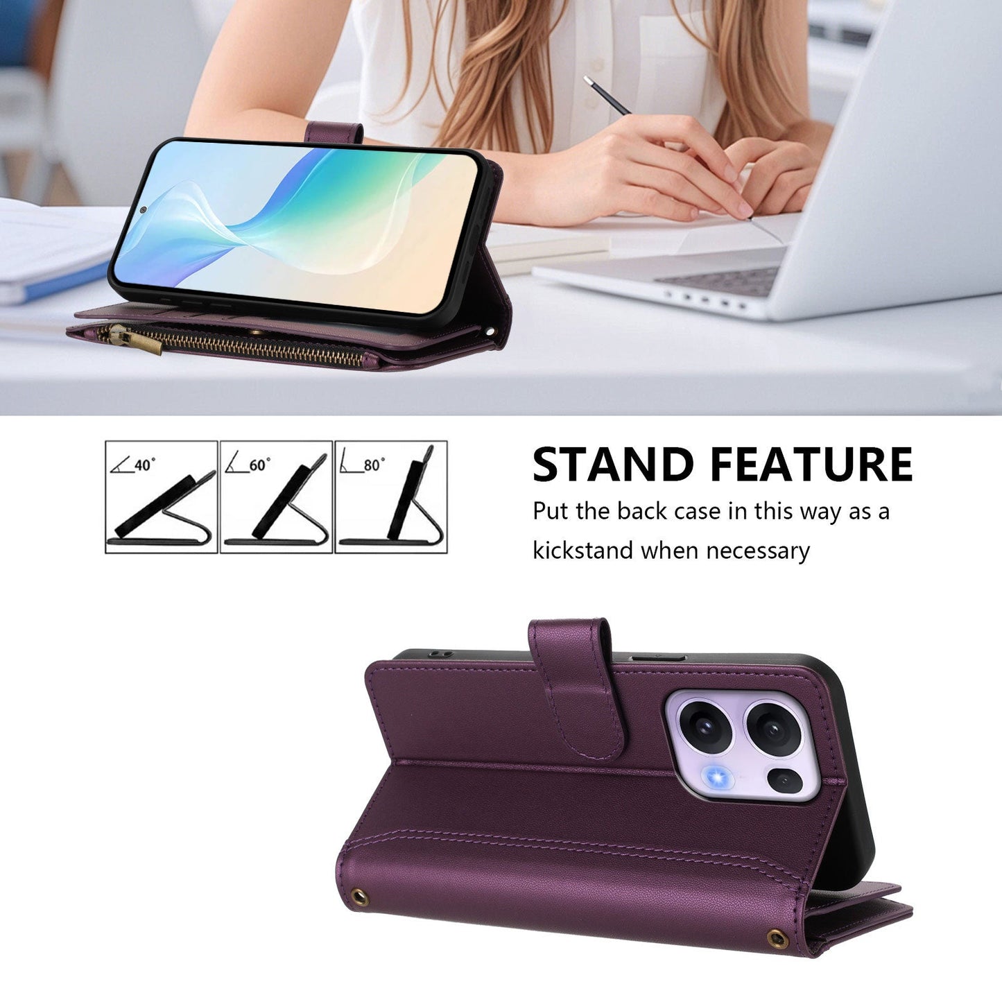 For Oppo Reno13 Pro 5G Leather Case 9 Card Slots Zipper Wallet Stand Phone Cover with Wrist Strap - Purple
